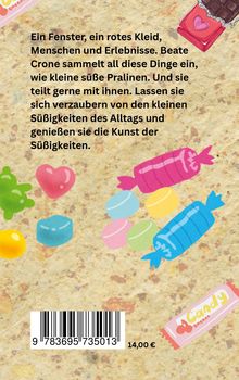 Ein Text beschreibt eine Sammlung von Eindrücken als "Pralinen". Bunte Süßigkeiten sind auf einem gesprenkelten Hintergrund verteilt.
