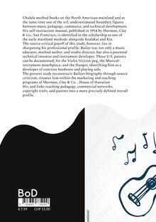 Text erläutert Baileys Beitrag zur Musikpädagogik und seine Patente. Unten sind schwarzes Design, Preisangaben und Zeichnungen.