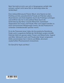Text beschreibt die Magie der Poesie und die Freude des Frühlings. Es geht um Erinnerungen und Emotionen. Blaue Fläche.