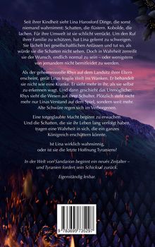 Ein Text beschreibt Lina, die Schatten sieht und für verrückt gehalten wird. Rhys glaubt ihr und große Geheimnisse drohen. Unten Flammeneffekte.