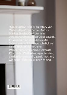 Der Text beschreibt "Sabeas Baby", eine Fortsetzung von "Sabeas Haus" und erwähnt Autoren und Themen. Links ein weißer Kamin.