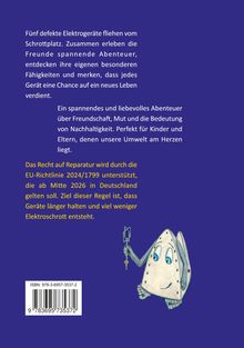 Text über Abenteuer und Nachhaltigkeit von Elektrogeräten. Illustration eines anthropomorphen Bügeleisens.
