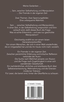 Texte: "Meine Gedanken … Sein, zwischen Selbstheilung und Manipulation … Der Fremde in der eigenen Zeit". Brauner Hintergrund.