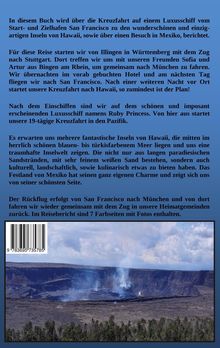 Texte beschreiben eine Kreuzfahrt von San Francisco zu hawaiianischen Inseln. Unten ist ein Foto eines rauchenden Vulkans.