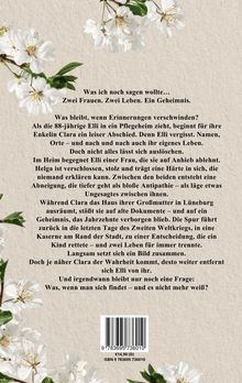 Textblock in der Mitte über Erinnerungen, Geheimnisse und zwei Frauen. Weiße Blumen verzieren die Ecken.