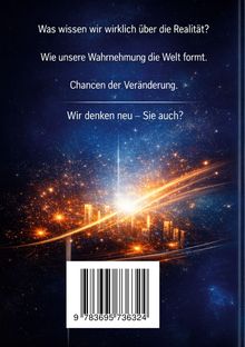Text über Frage zur Realität und Veränderung. Stadtbild mit Lichtern und Barcode. Hintergrund in Blau mit orangefarbenen Lichtern.