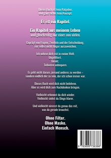 Texte auf lila-türkisem Hintergrund: "Dieses Buch ist kein Ratgeber. Und ganz sicher kein Konzept..." Text endet mit "Einfach Mensch." Darunter ein Barcode.