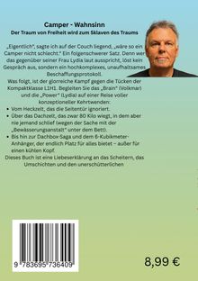 Texte über "Camper - Wahnsinn", das Buch behandelt Höhen und Tiefen eines Campingabenteuers. Bild eines Mannes rechts. Preis: 8,99 €.
