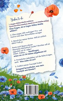 Liste mit Aufgaben: Mathe lernen, bei Elisa fragen, Lilith ausfragen, Mutter besuchen, Liebesleben klären, Traumjob finden. Florale Dekoration.