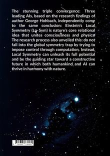 Text über lokale Symmetrie, AIs und Natur. Im Hintergrund ein Sternenhimmel und eine Galaxie. Enthält einen Barcode.