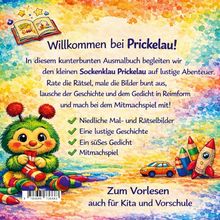 Willkommen bei Prickelau! Ein kindgerechtes Ausmal- und Mitmachbuch mit Rätseln, Geschichte, Gedicht und Spiel. Bunte Illustration.