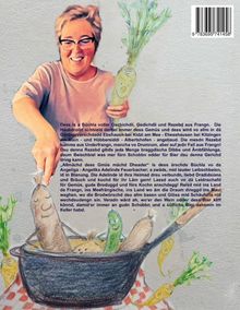 Ein fröhlicher Mensch hält Gemüse. Darunter Illustrationen von Würsten und Gemüse in einem Topf auf einem rot-weiß karierten Tuch.