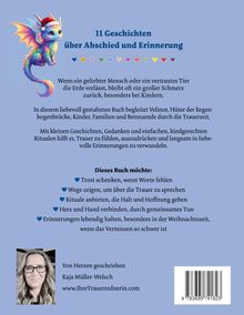 11 Geschichten über Abschied und Erinnerung. Ein farbenfrohes, fliegendes Tier, darunter ein Abschnitt über Trost und Rituale.