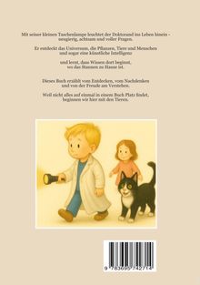 Ein Junge mit Taschenlampe, ein Mädchen und eine Katze gehen zusammen. Text beschreibt Neugier und Freude am Entdecken.