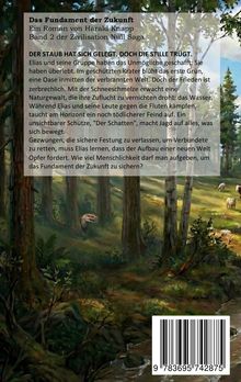 "Das Fundament der Zukunft" von Harald Knapp, Band 2, beschreibt Elias' Überlebenskampf in einer zerstörten Welt. Illustration zeigt Wald mit Tieren.