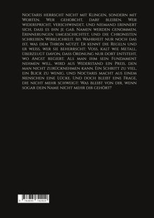 Ein längerer Text beschreibt die Macht von Noctaris, der mit Worten und nicht mit Klingen herrscht. Unten ist ein Barcode.