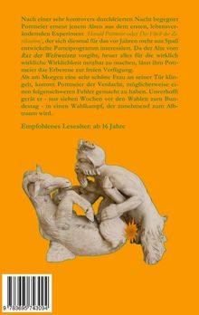 Text: Kontrovers erlebte Nacht, Pottmeier trifft alten Bekannten. Wahlkampf wird Alptraum. Lesealter: Ab 16.  
Illustration: Skulptur eines Mannes mit einem Ziegenwesen.
