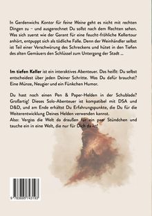 Text über ein interaktives Abenteuer im Weinkeller. Illustration von Rauch und einem Schloss. Barcode unten links.