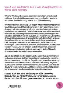 Titel: Von A wie #Aufschrei bis Z wie Zwangskontrolle: Worte sind mächtig. Ein langer Text erklärt die Macht von Worten. Unten ein Barcode und ein rundes acts & protect Logo.