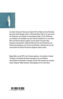 Text über eine Geschichte auf Vancouver Island mit einem Raben und einer Reisenden. Links oben ein Foto einer Feder.