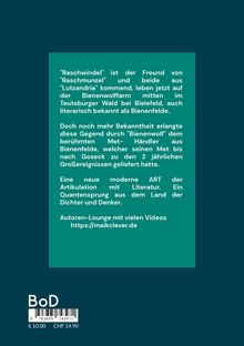 Klappentext zum Buch: Literarische Figuren und Bienenwolf-Legenden aus dem Teutoburger Wald. Autoren-Lounge: maikclever.de.
