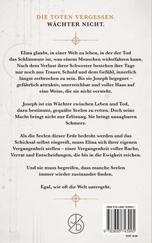 Ein Buchcover mit dem Text: "DIE TOTEN VERGESSEN. WÄCHTER NICHT." Darunter eine Zusammenfassung der Geschichte von Elina und Joseph.