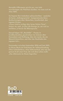 Ein Text über Selbstgespräche, Rückfälle und das Erforschen des Ichs im Alter. Beige Hintergrund, weißer Text. BoD Barcode.