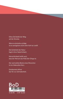 Texte: Lebensweisheiten über Ziele, Natur, Menschlichkeit, Herz und Dankbarkeit auf rotem Hintergrund. Logo "BoD" unten.