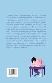 Text beschreibt finanzielle Schwierigkeiten und den Weg zur Selbständigkeit. Illustration: Frau schreibt an einem Tisch.