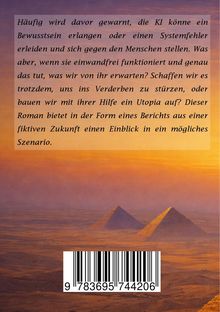 Text über KI, Bewusstsein, Utopie und Dystopie. Darunter ein Barcode. Hintergrundbild: Pyramiden in einer Wüstenszene.