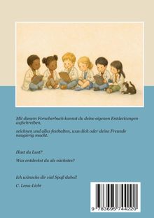 Text beschreibt ein Forscherbuch und lädt ein, Entdeckungen zu machen. Illustration: Sechs Kinder in Laborkitteln, Katze.