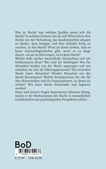 Text über Macht und ihre Formen, Fragen zu Führungsrollen, Hierarchien und menschlichem Verhalten. ISBN-Barcode unten.