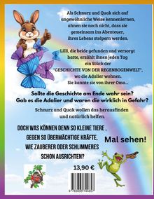 Ein Hase und ein Frosch mit fröhlichen Gesichtern, umrahmt von Schmetterlingen vor einem Regenbogen. Text erzählt von einem Abenteuer in der Regenbogenwelt mit Adaliern. Preis: 13,90 €.