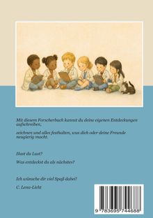 Mit Forscherbuch Entdeckungen aufschreiben. Illustration: Kinder in Laborkitteln mit einem Klemmbrett um eine Katze sitzend.