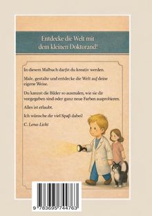 "Entdecke die Welt mit dem kleinen Doktorand!" Ein Junge im Kittel mit Taschenlampe, gefolgt von einem Mädchen und einer Katze.