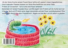 Text über einen Drachen namens Fridolin, der sein Feuer verloren hat. Illustration zeigt Fridolin im Pool mit Sonnenblumen.