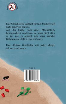 Eine düstere Reisegeschichte mit schwarzem Humor. Illustration: Strand mit Gläsern, Flaschen, Schuh. Preis: 8,99 €.