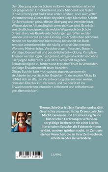 Ein Text beschreibt den Übergang von Schule zu Erwachsenenleben, bietet praktische Ratschläge und erklärt Alltagskompetenzen. Unten links ist ein Foto eines lächelnden Mannes. Darunter ein Preis von 14,99 €.
