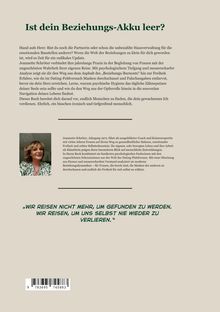 Titel: "Ist dein Beziehungs-Akku leer?". Text über Beziehungsdynamiken und Selbstfindung. Unten ein Zitat: "Wir reisen...". Links ein Foto.