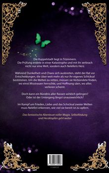 Die Kuppelstadt liegt in Trümmern. Ein grüner Schmetterling auf lila Hintergrund. Goldene Verzierungen an den Ecken.