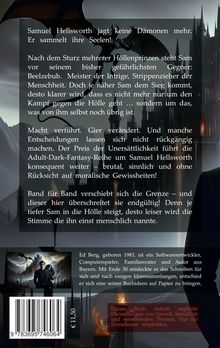 Text über einen Protagonisten, Samuel Hellsworth, der Seelen sammelt und seine inneren Dämonen bekämpft. Hintergrund: düstere Fantasy-Illustration.