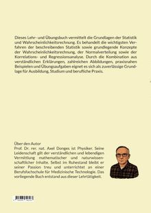 Text beschreibt ein Lehrbuch über Statistik mit Fokus auf Grundlagen und praxisnahe Beispiele. Unten Illustration eines Mannes.
