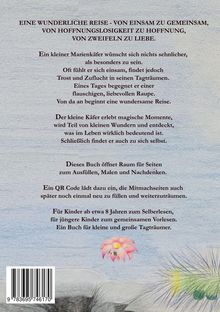 Oberhalb, "EINE WUNDERLICHE REISE..." Text über Marienkäfer und Raupe. Blume unten über Barcode. Hintergrund ist hellblau.