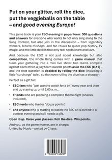 Text mit Beschreibung:

Ein Buchrücken mit Text über ein ESC-Spielbuch mit 300 Fragen für Fans. Perfekt als Geschenk für ESC-Fans und -Nerds.