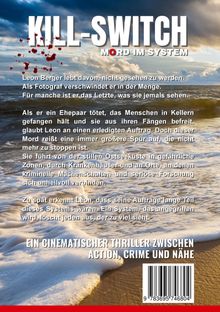 „KILL-SWITCH MORD IM SYSTEM“: Thrillertext auf stürmischem Meeresbild, Barcode unten rechts, blutrote Spritzer links.