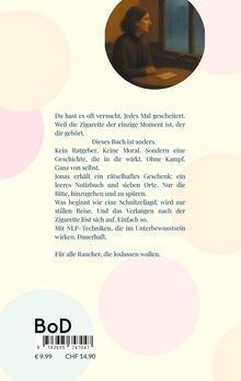 Text beschreibt ein Buch gegen das Rauchen. Illustration: Frau am Tisch, gedämpfte Farben, Fenster im Hintergrund.