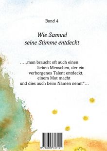 „Band 4: Wie Samuel seine Stimme entdeckt.“ Illustration mit Aquarellfarben, bunte Flecken und Punkte links und unten.