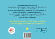 Text über Oskar, den kleinen Otter, der das Glück finden will. Eine Einladung zur magischen Bilderbuchgeschichte. Logo: Schmetterling.