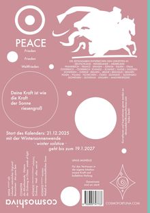 Text: "PEACE Frieden Weltfrieden. Deine Kraft ist wie die Kraft der Sonne riesengroß. Start des Kalenders: 21.12.2025...".  
Illustration: Reiter auf Pferd.
