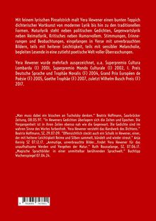 Ein roter Hintergrund mit weißem Text beschreibt Vera Heweners Lyrik und Auszeichnungen. Zitate von Kritiken sind hinzugefügt.